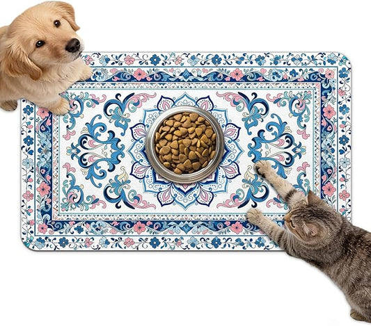 Dog Food Mat for Bowls, Absorbent Quick Dry Dog Cat Mats for Food and Water, Non-Slip Backing Pet Mat Pet Supplies - Blue Vintage Floral Pattern