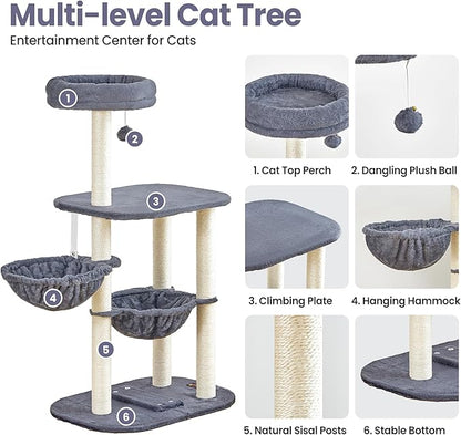 Small Cat Tree Tower with Lots of Scratching Posts - 42 Inch Medium Compact Cats Scratch House with Hammock Perch for Multi Level 2 Kitty - Indoor Corner Cat Bed Condo Climbing Gym Towers Furniture