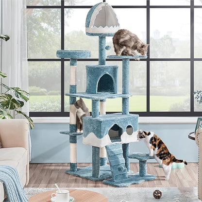 Yaheetech Cat Tree, 72.5inch Ocean-Themed Cat Tower, Multi-Level Large Cat Tree for Indoor Cats with Shark's Mouth Bed & 2 Big Condos & 2 Wide Perches & Funny Toys, Blue & White
