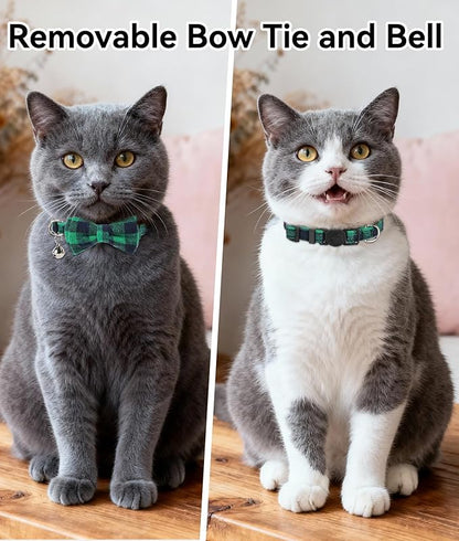 Joytale Upgraded Cat Collar with Bells, Breakaway Cat Collars with Bow Tie, 1 Pack Girl Boy Safety Plaid Kitten Collars, Green