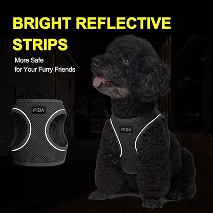 Fida Comfy Dog Harness with Leash, Soft Puppy Vest Escape Proof, Breathable Lightweight Soft Mesh, Adjustable Reflective Step-in Harness for Small Pet Walking (S, Black)
