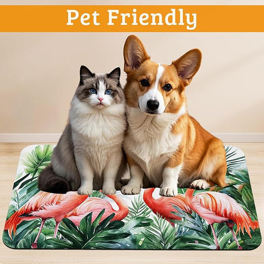 Pink Flamingo Dog Food Mat,Plam Leaves Absorbent Pet Feeding Mat for Food and Water Bowl,Quick Dry Dog Placemat Non Slip Rubber Backing Waterproof Pet Supplies 16" x 24"