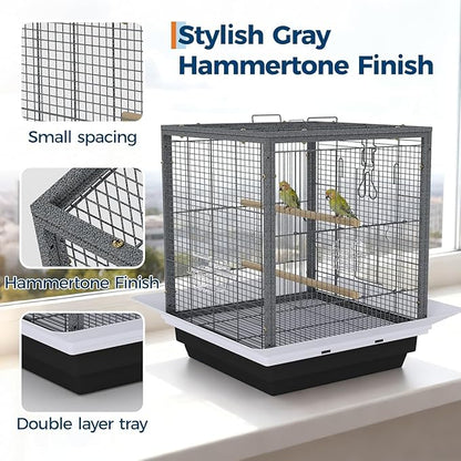 Bird Flight Cage 16 x 16 x 20 Inch, Wrought Iron Parrot Cage with Top Carry Handle, Food Cup, Removable Tray and Perches, Bird Carrier for Parakeet, Cockatiels, Budgies and Small Medium Birds