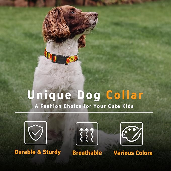 Sunflower Dog Collar, Floral Boys Girls Puppy Collar for Small Medium Large Dogs, Adjustable Soft Flower Pet Collar with Safety Buckle for Male Females(Red Sunflower, XS)