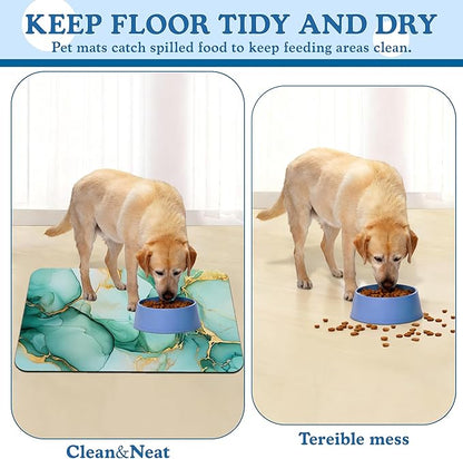 Green Marble Pet Feeding Mat for Floors–Christmas Stocking Absorbent Quick Dry Dog Cat Bowl Mat for Food and Water, Non Slip Waterproof Base, Mess-Free Feeding Accessories 16"x24"