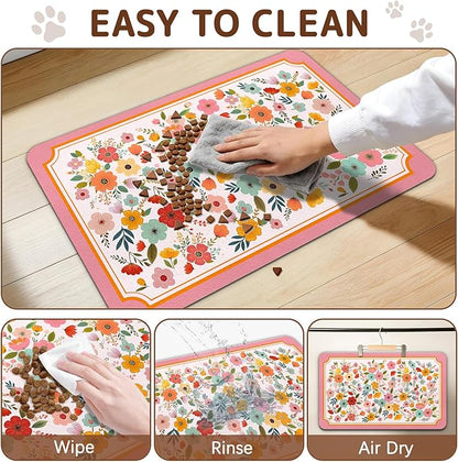 Dog Food Mat for Bowls, Absorbent Quick Dry Dog Cat Mats for Food and Water, Non-Slip Backing Pet Mat Pet Supplies - Pink Floral Pattern