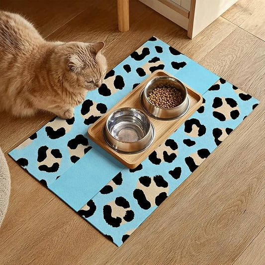Puppy Feeding Mat 24x16 inch Blue Leopard Print Pet Bowl Placemat Non Slip Floor Mat for Food and Water Indoor Dog Feeding Station Cute Meal Pad for Small Pets Kitchen Use