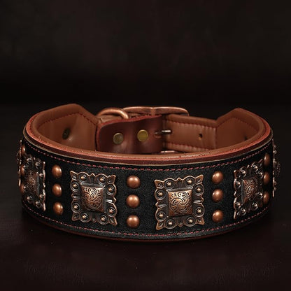 PET ARTIST Upgrade Padded Leather Dog Collar, 2 inch Wide Genuine Leather Dog Collars with Strong Studded Rivet & Metal Buckle, Adjustable Large Dog Collar for Pit Bull Doberman,Black,Neck 19-22"