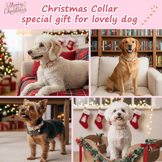Christmas Dog Collar for Large Dogs, Adjustable Poly-Cotton Fabric Collar with Santa Pattern, Cute Pink Dog Collar for Dogs, Large Dog Collars Girls Dog Collars