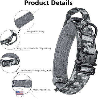 DAGANXI Tactical Dog Collar, Adjustable Military Training Nylon Dog Collar with Control Handle and Heavy Metal Buckle for Medium and Large Dogs, with Patches and Airtags Case (XL, Camo)