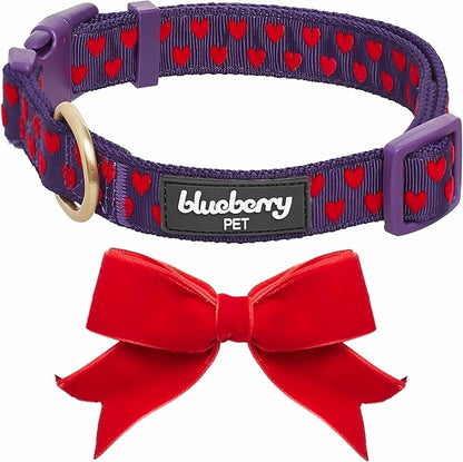 Blueberry Pet Adjustable Flocking Dog Collar with Detachable Velvety Bowtie - Heart in Gothic Grape, Small, Neck 12"-16"