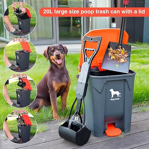 Dog Pooper Scooper, 7Pcs Set Poop Trash Can with Removable Inner Bucket, Long Handle Tray & Rake, 60 Waste Bags, Dog Waste Large Bin Waterproof for Outdoor, Backyard, Garden