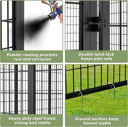 LOVMOR Outdoor Dog Kennel with Roof, Heavy Duty Steel Dog Run Enclosure for Small Dogs, Waterproof Canopy, Double Latch Door, Adjustable Feeding Bowls, Pet Pen for Yard and Patio, 4’L x 4’W x 4.25’H
