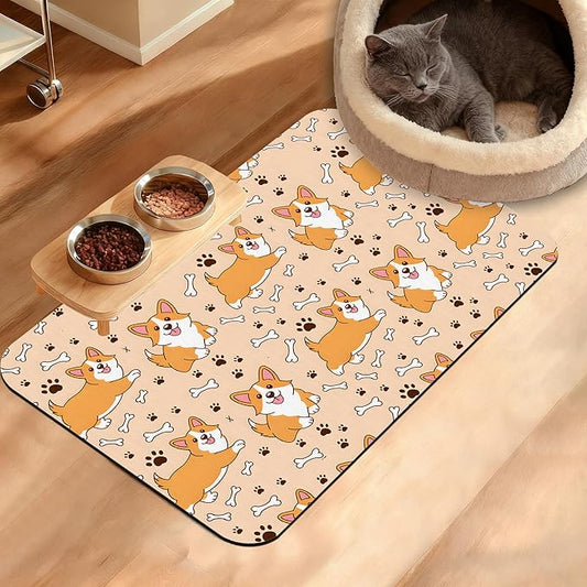 Corgi Feeding Mat,Cute Dogs Absorbent Quick-Dry Cat Dog Food and Water Bowl Mats,Non-Slip Rubber Backing Mat,Cat Dog Accessories Supplies 16" x 24"