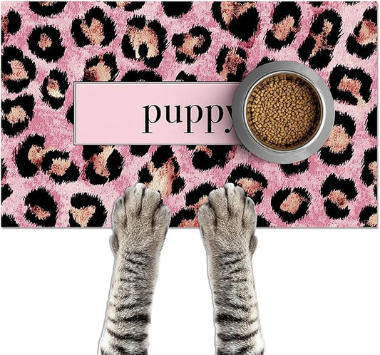 Puppy Feeding Mat 20x12 inch Pink Leopard Print Dog Bowl Placemat Non Slip Mat for Pet Food and Water Small Dogs Indoor Feeding Station Puppy Pet Placemat for Kitchen and Dining