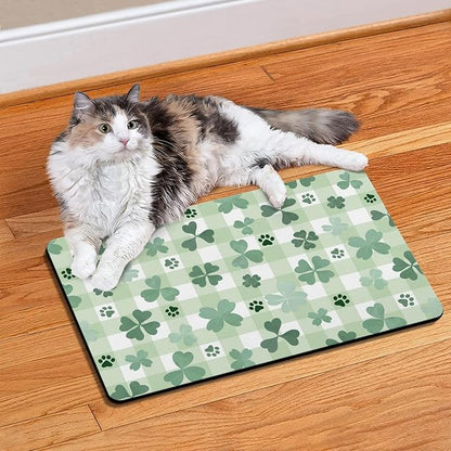 St Patricks Day Dog Food & Water Mat, Green Shamrocks Paw Prints Clover Pet Feeding Mat for Floor Non-Slip Waterproof, Super Absorbent Cat Bowl Mat, Easy to Clean Pet Placemat,16" × 24"