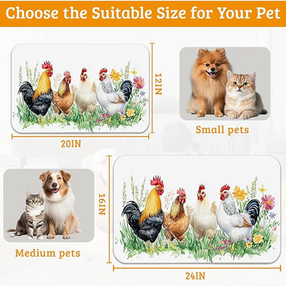 Chicken Rooster Dog Cat Food Mat,Green Grass Absorbent Waterproof Placemat for Food and Water Non Slip Rubber Backing Durable Feeding Pad for Clean Floors 12" x 20"