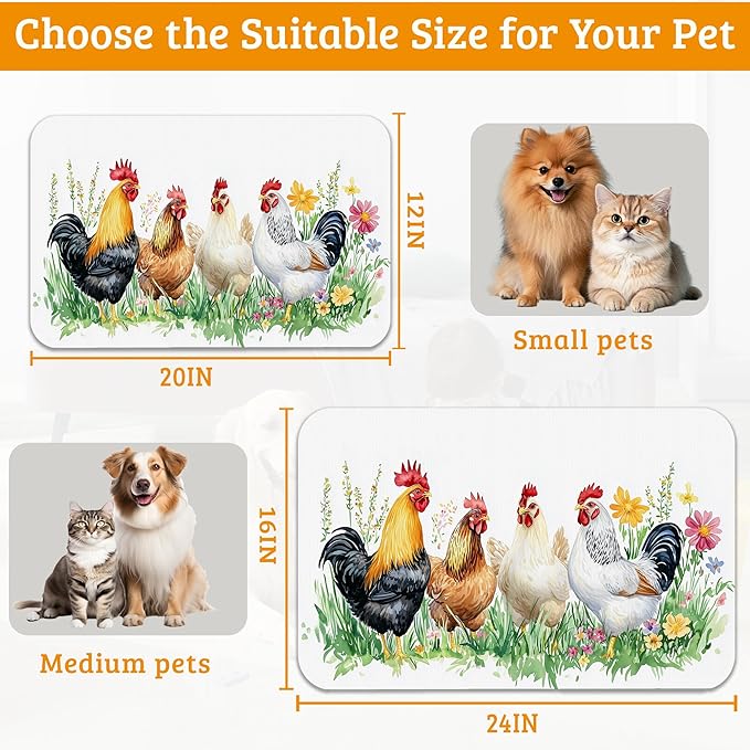 Chicken Rooster Dog Cat Food Mat,Green Grass Absorbent Waterproof Placemat for Food and Water Non Slip Rubber Backing Durable Feeding Pad for Clean Floors 16" x 24"