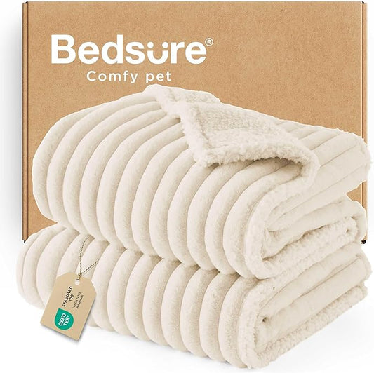 Bedsure ComfyFleece™ Waterproof Dog Blankets for Large Dogs - Soft Pet Cat Blanket Corduroy Fleece for Bed Protector Washable, Cozy Calming Reversible Furniture Protection,60"x80", Cream