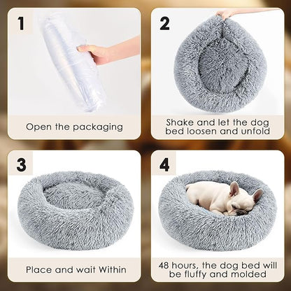 Dogs Bed for Small Dogs, Anti-Anxiety Washable Round Bed (Light Grey, 24.0" L x 24.0" W x 8.0" Th)