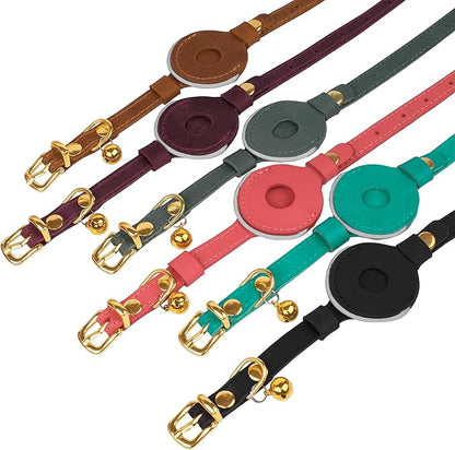 OOPSDOGGY Reflective Leather AirTag Cat Collar with Bell - Non Breakaway Adjustable Pet Collar with Apple Air Tag Holder - Lightweight GPS Kitten Collars for Small Dogs Puppy (Brown)
