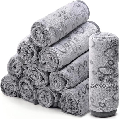 Tegeme 12 Pcs Pet Blankets Soft Fluffy Fleece Dog Cat Warm Paw Print Pattern Blankets Flannel Throw for Pets Dog Puppy Cat(30 x 20 Inch,Gray)