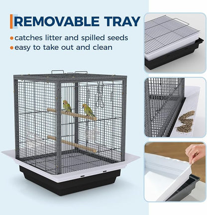 GarveeHome Small Bird Cage with Wheels, Parakeet Cage, Bird Carrier for Parakeets, Canaries, Lovebirds, Small Quaker, Cockatiels, Budgie, Green Cheek (20in Hammertone Black)