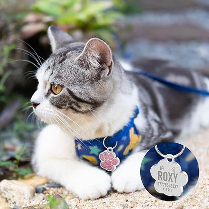 EDSG Cat Dog Tags Personalized for Pets, Dog Name Tags Cat Name ID Tag, Engraved Dog Tags Dog ID Tags Small Glitter Bling ID Tag Paw Print for Cat Pet Dog Puppy(Blue,Design 3)