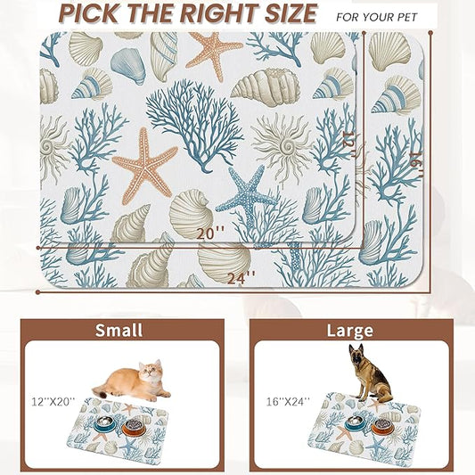 Starfish Dog Food Mat for Floors,Coral Shell Ocean Absorbent Quick-Dry Pet Feeding Mat, Cat Dog Bowl Mats for Food and Water,Non-Slip Pet Accessories Supplies 16"x24"