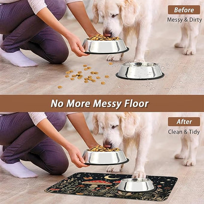 Red Mushrooms Pet Feeding Mat,Wildflower Plant Butterfly Absorbent Quick-Dry Cat Dog Food and Water Bowl Mats,Non-Slip Rubber Backing Mat,Cat Dog Accessories Supplies 12"x20"