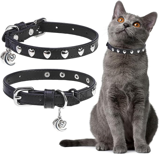 EXPAWLORER Leather Cat Collar for Girl Boy- Adjustable Pet Collar with Safety Elastic Belt,Personalized Heart Accessories Buckle Collars with Bell & Durable D-Ring,Heart (Black)
