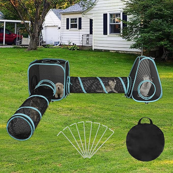 BWOGUE Outdoor Cat Enclosures for Indoor Cats, 4 in 1 Outdoor Cat Tent with Tunnel Portable Pop Up Visual Mesh Cat Outside Playhouse for Cats Puppy Small Animals, Total Length 9.45FT