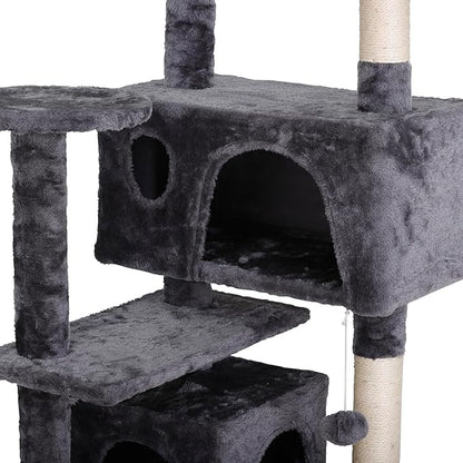 54-Inch Cat Tree for Large Cats, Sturdy Multi-Level Cat Tower with 2 Condos, Hanging Ball and Sisal Scratching Posts, Durable Cat Furniture for Indoor Cats (Dark Grey)