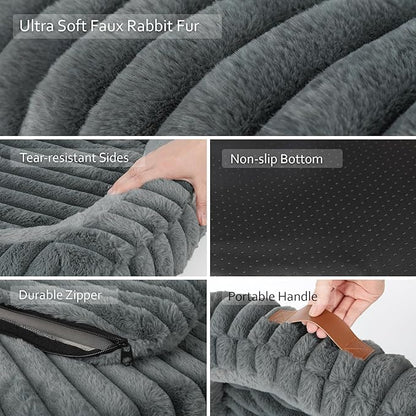 Dog Bed Large Size Dogs Washable Soft Furry Pet Bed, Calming Rectangle Large Dog Bed with Removable Cover & Anti-Slip Bottom, Orthopedic Anti-Anxiety Pet Bed with Handle, 35x27x5 Inches, Grey