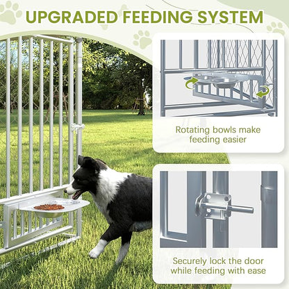 10FT x 10FT Outdoor Dog Kennel with Roof, Outside Dog Run Fence with Rotated Dog Bowls, Large Dog House Pen Enclosure with Secure Lock&Textilene Door