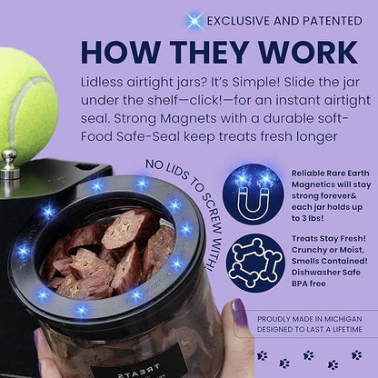 Dog Treat Holder for Wall Storage for Pets, Premium Pet Wall Organizer, Includes Two 16oz Airtight Dog Treat Jars, 3 Sets of Triple Hooks, Sturdy Shelf in Modern Black