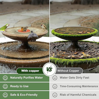 2 Pack Bird Bath Copper Disk, 99.99% Pure Copper Purification Disk - Physical Safe Clean Water All-Season, Bird-Safe for Outdoor Baths, Solar Fountains, Concrete Bowls (3-Point Support)