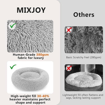 MIXJOY Calming Cat Beds for Indoor Cats, 20'' Kitten Donut Bed for Pet Up to 15lbs, Fluffy Small Cat Cuddler Bed, Anti-Anxiety Plush Faux Fur Large Cat Bed Washable (20'', Grey)