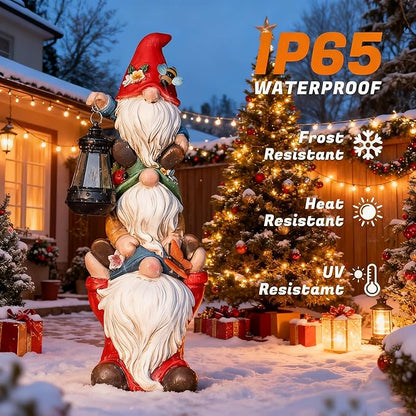 17 in Large Garden Gnome Statue with Solar Lights Sculptures Funny Triple Big Gnome Outdoor Patio Lawn Yard Balcony Garden Home Decor Gifts for Women Mom