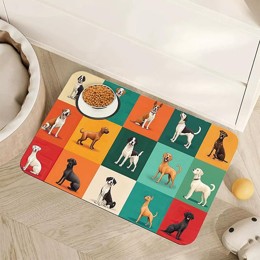 Cute Dog Cat Food Mat,Absorbent Pet Feeding Mat for Food and Water,Non-Slip Dog Bowl Mats Floor Protector 16"x24"