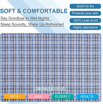 OUTCREATOR® Washable Bed Pads 34" x 54" (Pack of 2) for Incontinence Mattress Protector, Reusable Underpads for Elderly, Adults, Kids, Pets with Anti-Slip Bottom (Light Blue Plaid)