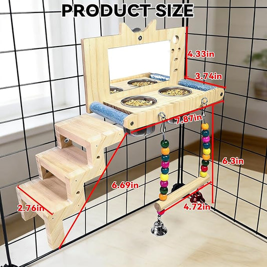 kathson Bird Perches Cage Toys with Bird Climbing Ladder Swing Mirror,Wooden Parrot Perches Platform with Feeding Cups,Parakeet Play Gyms Exercise Stands Cage Accessories for Lovebird,Budgie,Cockatiel