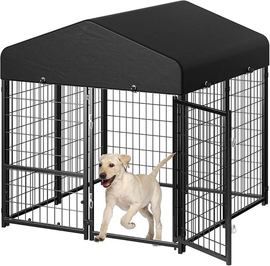 Dog Kennel Outdoor, Outside Dog Kennel with Roof & Removable Doggy Door Allow Connecting Your Dog House, Square Pet Enclosure Dog Run Yard for Medium/Small Dogs(4'L x 4'W x 4.6'H)