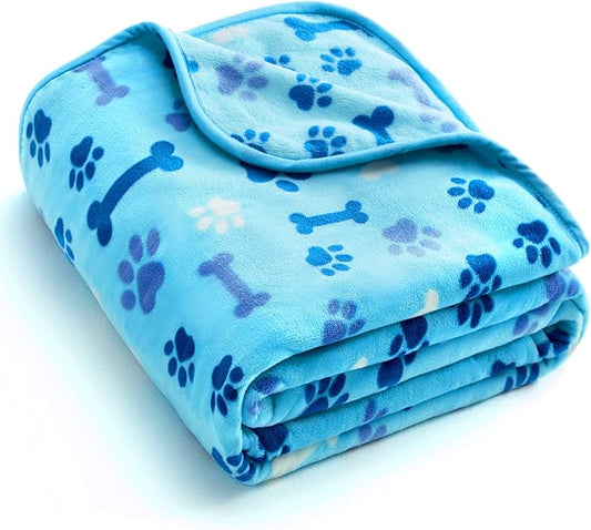 Allisandro Luxurious Dog Blanket, 350 GSM Super Fuzzy Microplush Fleece Pet Blankets for Small Medium Large Dogs and Cats, Blue Paw and Bone, 80" x 64"