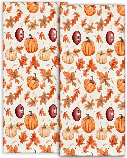 Autumn Pumpkin and Football Hand Towels - 2 Pack, 14.5" X 28",Soft Microfiber Polyester Towel Set with Festive Fall Leaves,for Fun Bathroom Kitchen Spa Hotel Decor Thanksgiving Gifts