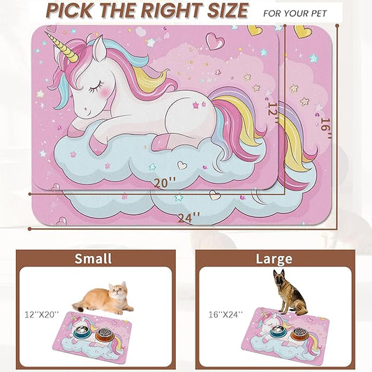 Cute Unicorn Dog Food Mat for Floors,Cloudy Pink Stars Absorbent Pet Food and Water Bowl Mats,Non-Slip Pet Feeding Mat,Pet Supplies 12" x 20"