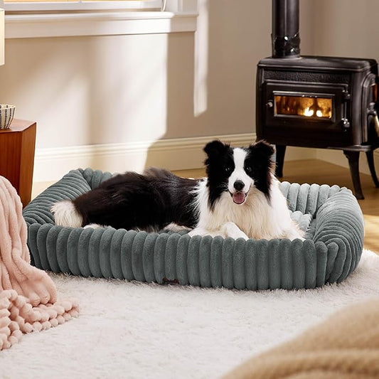 Bedsure ComfyFleece™ Cute Dog Bed for Extra Large Dogs - Washable Furry Puppy Beds, Rectangle Orthopedic XL Pet Beds with Removable Zipper Cover, 43x30x8inches, Warm Grey