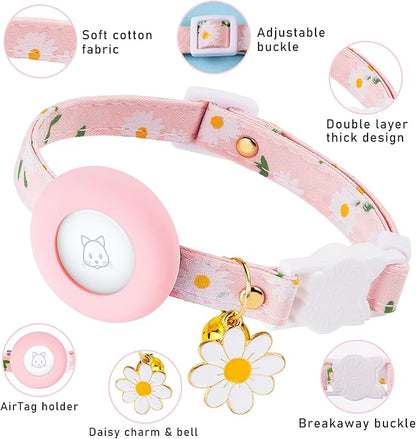 Airtag Cat Collar, JXFUKAL Kitten Collar Breakaway with Silicone Airtag Holder, Bells & Flower Charm for Girl Cats Boy Cats Small Dogs(Pink)