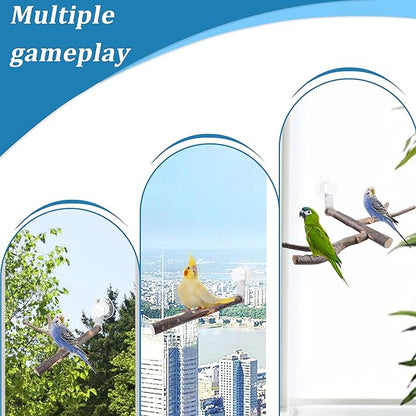 Bird Perch with Suction Cup Window Wall Bath Car Outdoor Travel Perch Stand for Small and Medium Bird Parrot Parakeet Cockatiel Conure African Greys Budgie Lovebirds (Two-Y-Type Wood Window Perch)