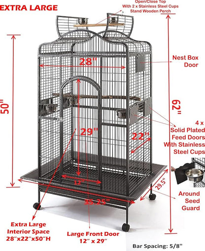 2 Color, Extra Large Wrought Iron Dome Top for Macaw Goffin's Cockatoo Cockatiels African Grey Amazon Parrots Green Cheek Conures Caique Bird Cage with Rolling Stand (Black-Vein)